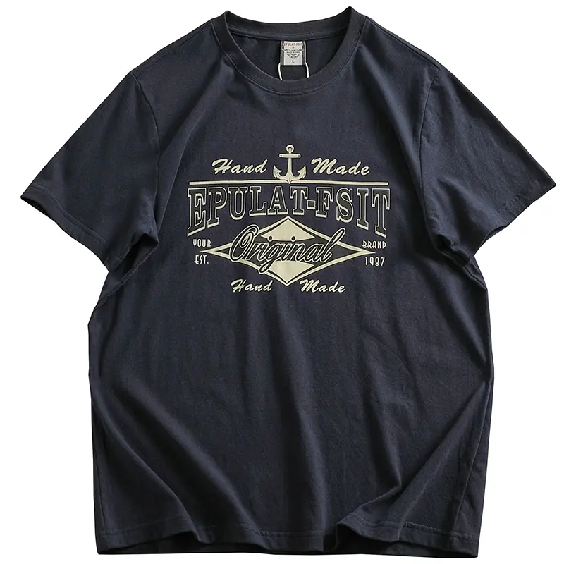 2024 Summer New American Retro Short Sleeve O-neck Letter Anchor Printed T-shirt Men's Simple 100% Cotton Washed Casual Tops