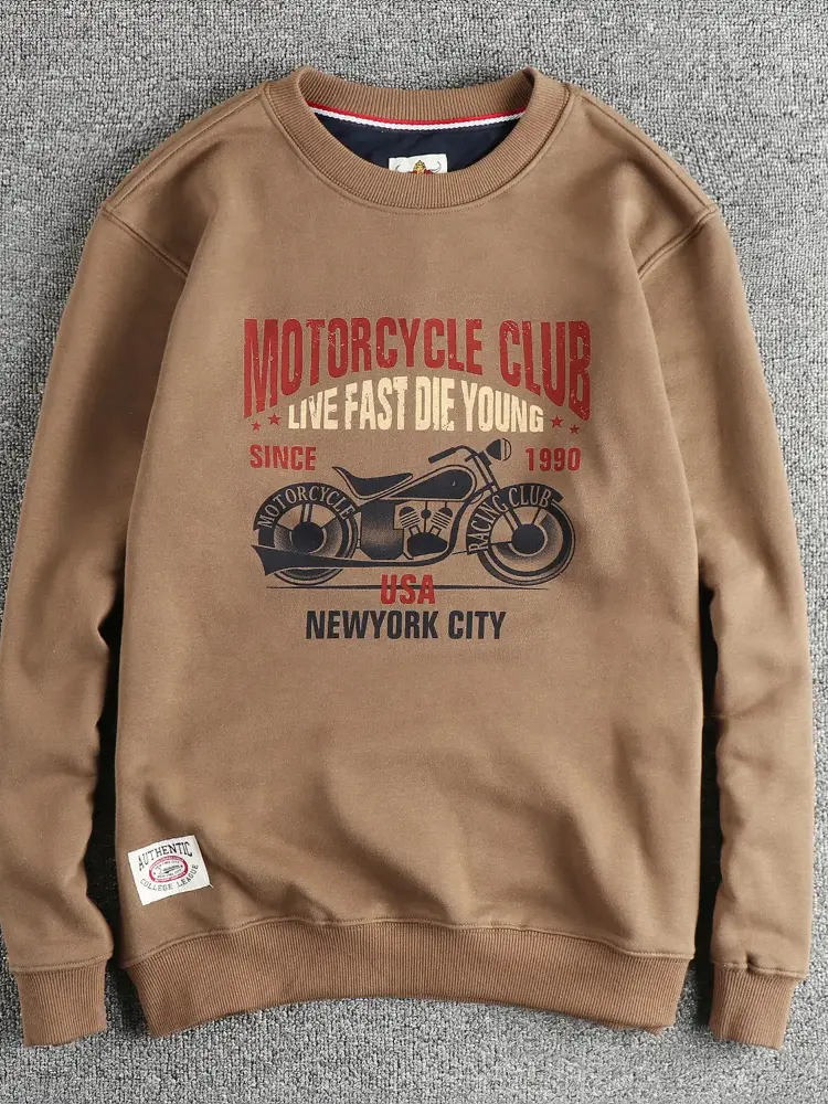 Autumn New American Retro Long Sleeve O-neck Motorcycle Printed Sweatshirts Men's Fashion Washed Terry Pullover Casual Sportwear
