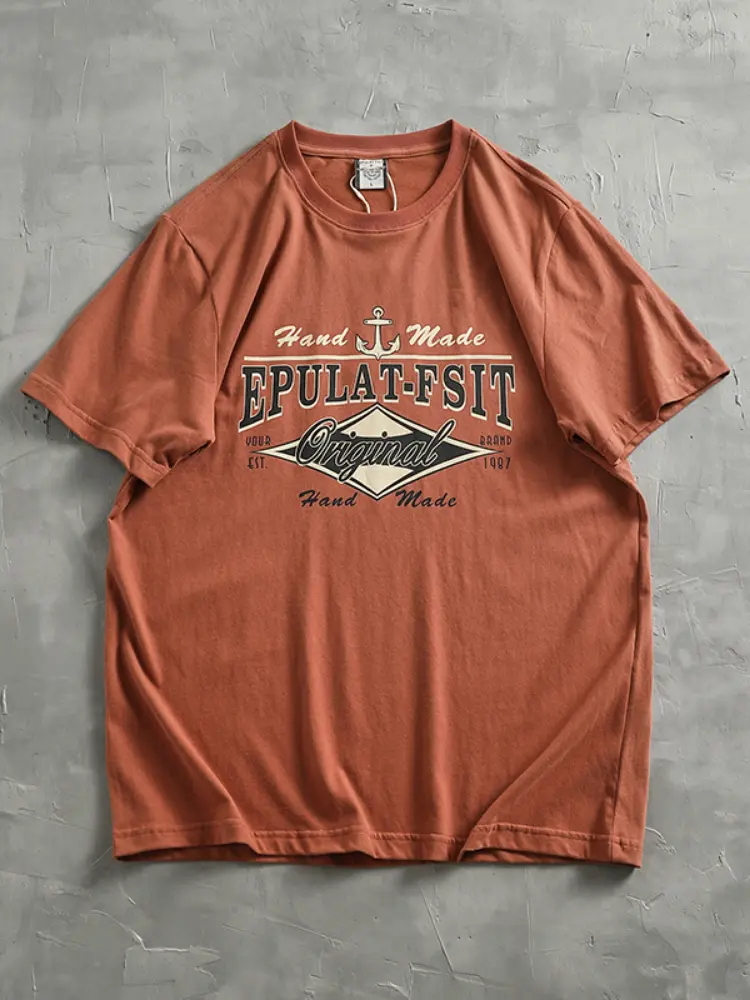 2024 Summer New American Retro Short Sleeve O-neck Letter Anchor Printed T-shirt Men's Simple 100% Cotton Washed Casual Tops