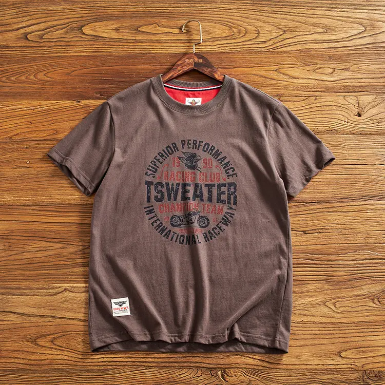 2024 Summer New American Retro Short Sleeve O-neck Motorcyce Printed T-shirt Men's Simple 100% Cotton Washed Casual Youth Tops