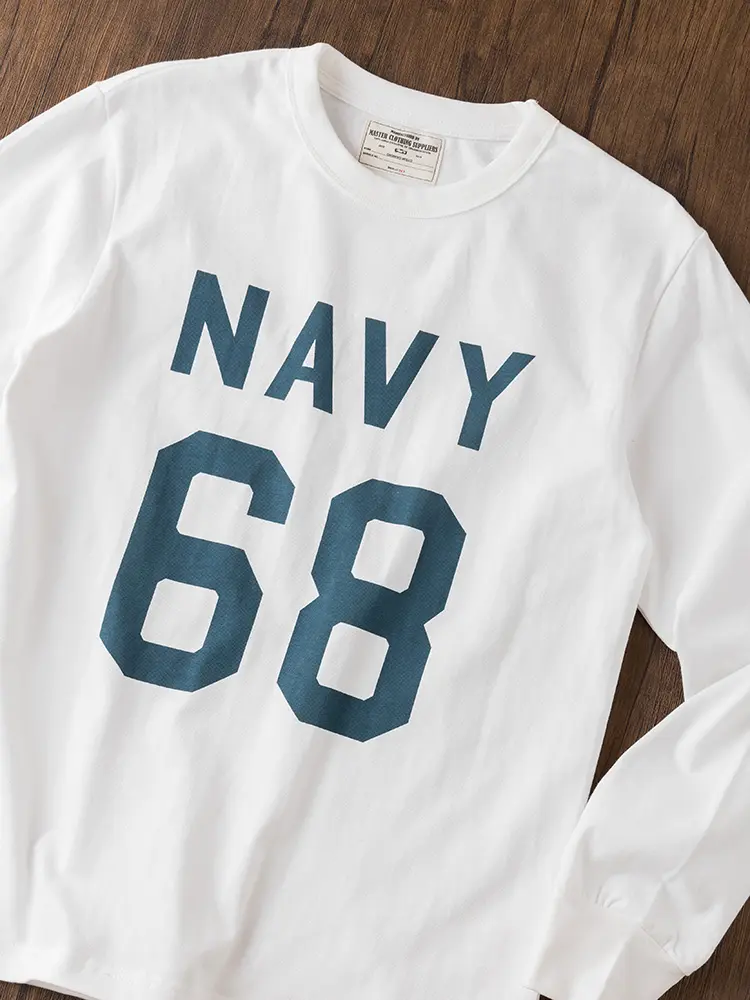 Spring New American Retro 280g Long-sleeved O-neck Letter Printed T-shirt Men's Amekaji 100% Cotton Washed Casual Sport Tops