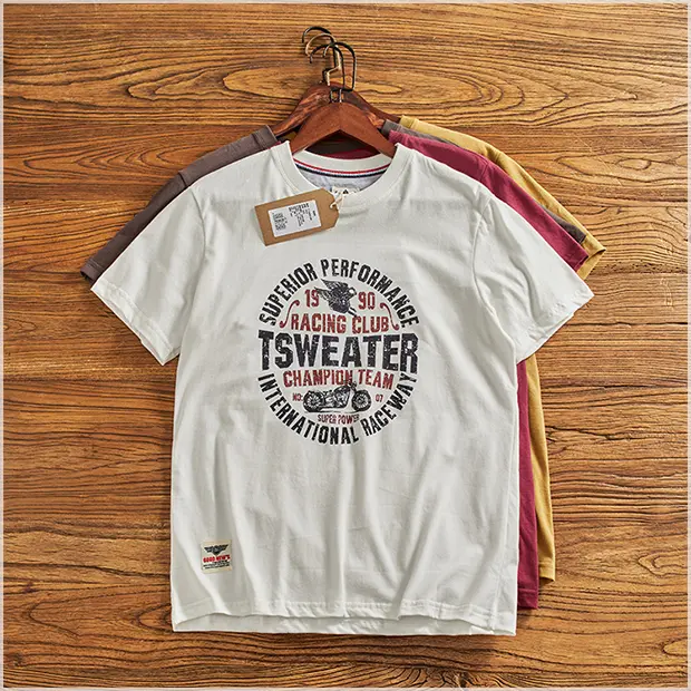 2024 Summer New American Retro Short Sleeve O-neck Motorcyce Printed T-shirt Men's Simple 100% Cotton Washed Casual Youth Tops