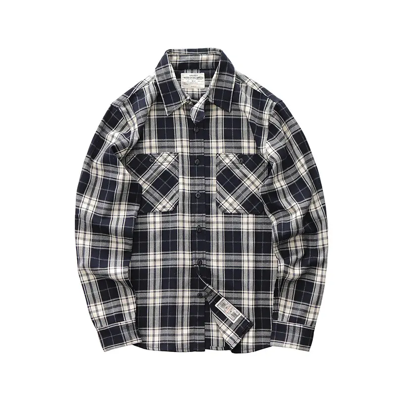 Autumn New Japanese Retro 300g Heavyweight Long-Sleeve Lapel Plaid Cargo Shirt Men's Simple Washed Double Pocket Casual Blouses