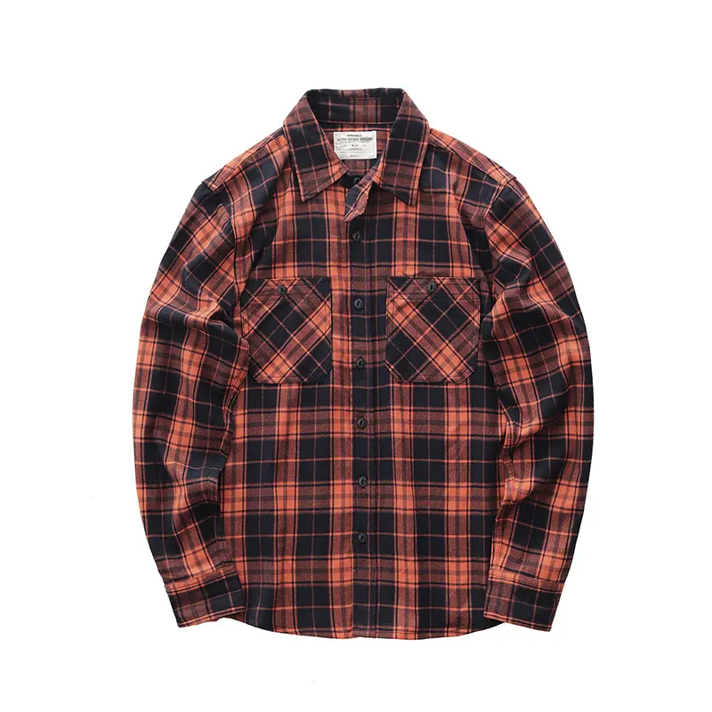 Autumn New Japanese Retro 300g Heavyweight Long-Sleeve Lapel Plaid Cargo Shirt Men's Simple Washed Double Pocket Casual Blouses
