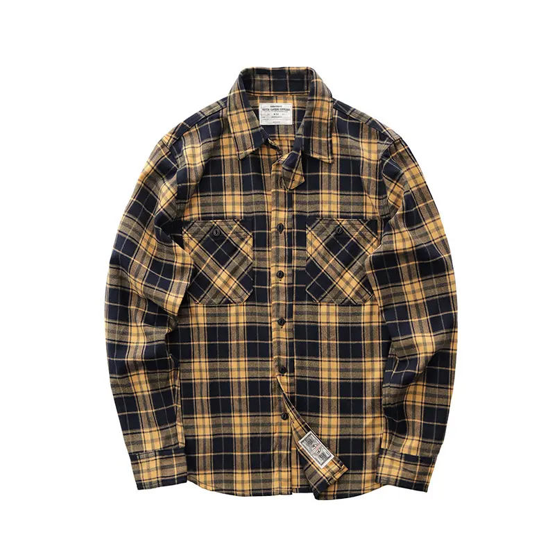Autumn New Japanese Retro 300g Heavyweight Long-Sleeve Lapel Plaid Cargo Shirt Men's Simple Washed Double Pocket Casual Blouses