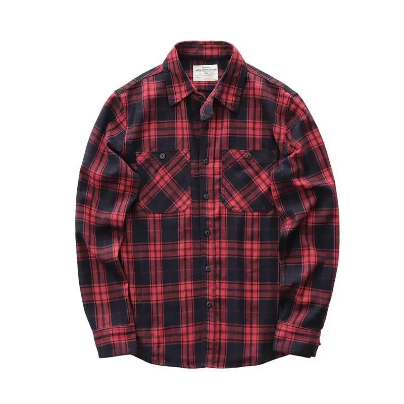 Autumn New Japanese Retro 300g Heavyweight Long-Sleeve Lapel Plaid Cargo Shirt Men's Simple Washed Double Pocket Casual Blouses