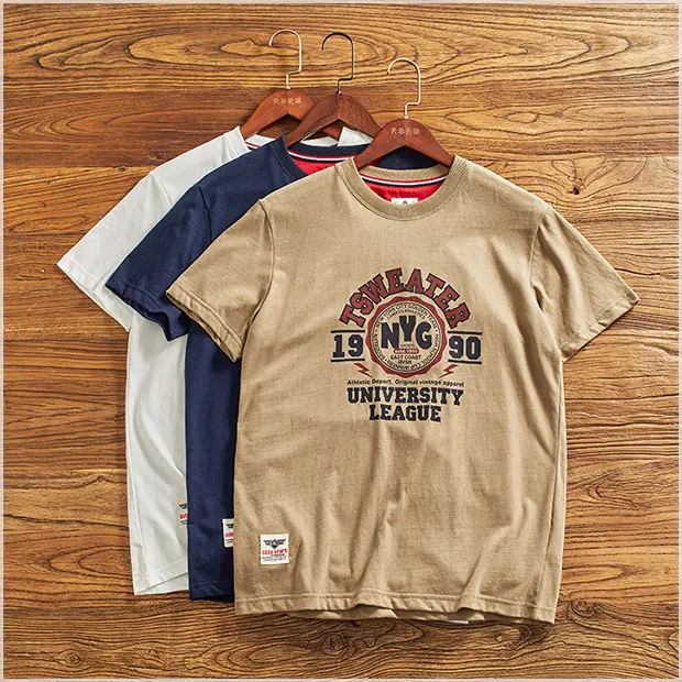 2024 Summer New American Retro Short Sleeve O-neck Letter Printed T-shirt Men's Simple 100% Cotton Washed Casual Youth Tops