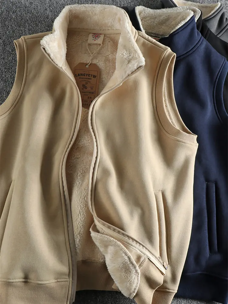 963# Winter New American Retro Sleeveless Stand Collar Thickened Lambs Velvet Vest Men's Fashion Simple Warm Casual Waistcoat