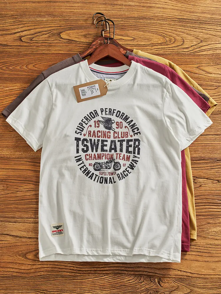 2024 Summer New American Retro Short Sleeve O-neck Motorcyce Printed T-shirt Men's Simple 100% Cotton Washed Casual Youth Tops