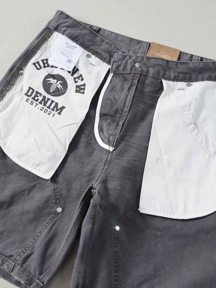 2025 Summer 100% Cotton Splatter Paint Cargo Shorts for Men Washed-Distressed Bad Boy Style Grey High Street Mid-thigh Shorts