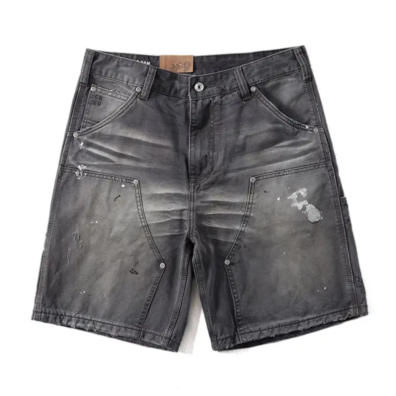 2025 Summer 100% Cotton Splatter Paint Cargo Shorts for Men Washed-Distressed Bad Boy Style Grey High Street Mid-thigh Shorts