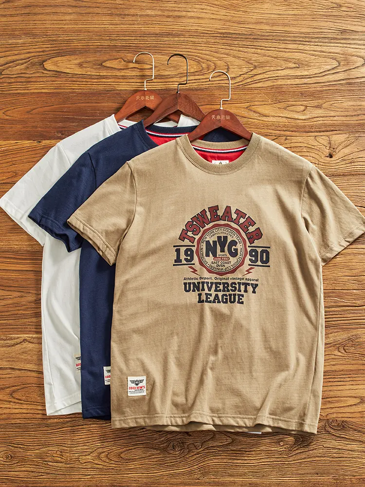 2024 Summer New American Retro Short Sleeve O-neck Letter Printed T-shirt Men's Simple 100% Cotton Washed Casual Youth Tops