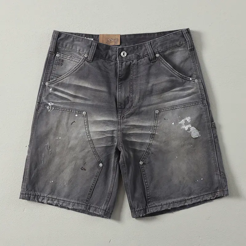 2025 Summer 100% Cotton Splatter Paint Cargo Shorts for Men Washed-Distressed Bad Boy Style Grey High Street Mid-thigh Shorts