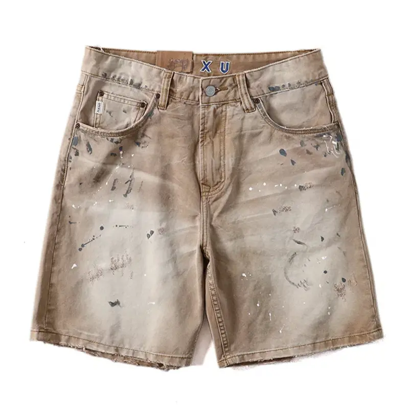 2025 Summer New American Retro Paint Dots Cargo Shorts Men's High Street 100% Cotton Washed Casual Loose Straight 5-point Pants