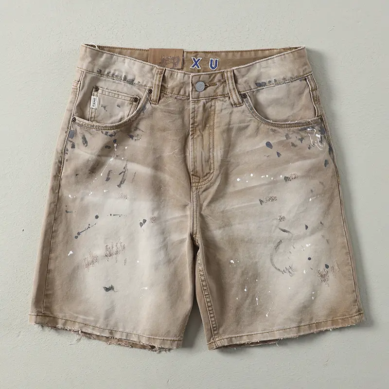 2025 Summer New American Retro Paint Dots Cargo Shorts Men's High Street 100% Cotton Washed Casual Loose Straight 5-point Pants