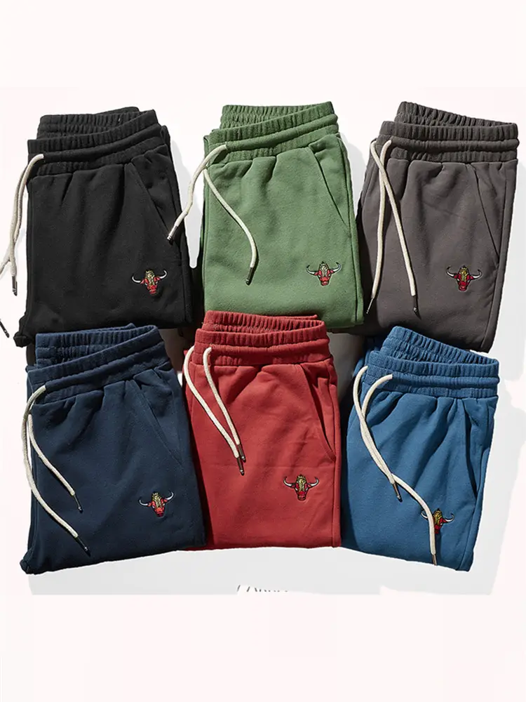 Autumn Winter American Retro Knitted Velvet Embroidery Sweatpants Men's Fashion Pure Cotton Loose Drawstring Sport Casual Pants
