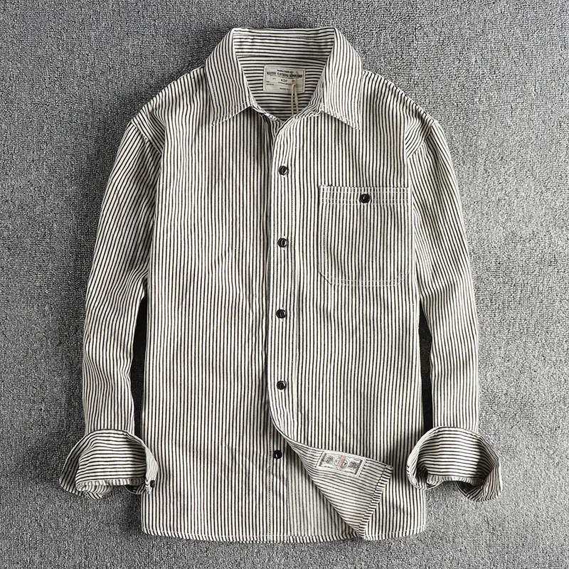 2025 Spring and Autumn New American Retro Woven Striped Cargo Shirt Men's Simple 100% Cotton Washed Single Pocket Thin Jacket