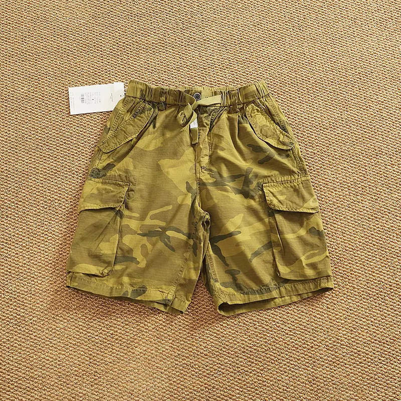 2025 Summer New American Retro Woven Multi-Pocket Camouflage Cargo Shorts Men's 100% Cotton Washed Casual Straight 5-point Pants