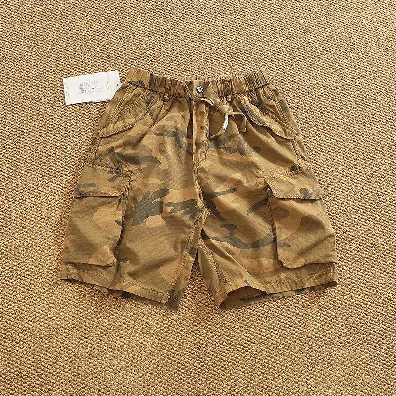 2025 Summer New American Retro Woven Multi-Pocket Camouflage Cargo Shorts Men's 100% Cotton Washed Casual Straight 5-point Pants
