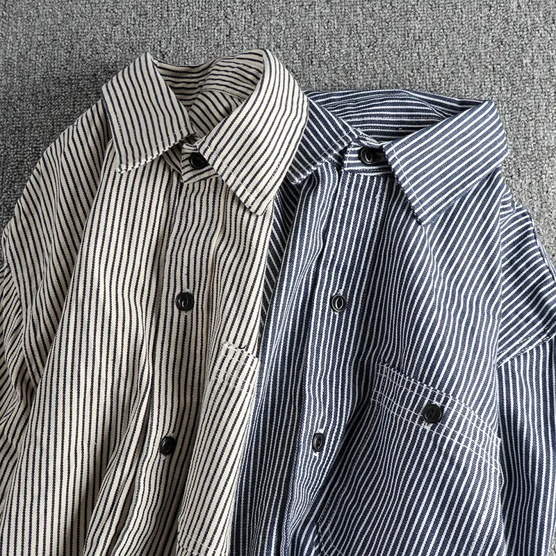 2025 Spring and Autumn New American Retro Woven Striped Cargo Shirt Men's Simple 100% Cotton Washed Single Pocket Thin Jacket