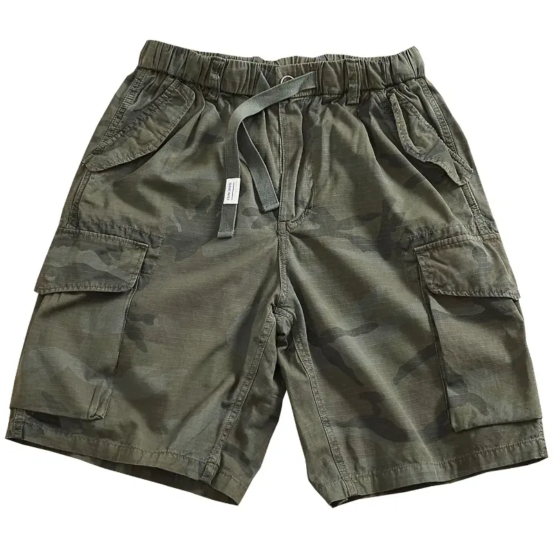 2025 Summer New American Retro Woven Multi-Pocket Camouflage Cargo Shorts Men's 100% Cotton Washed Casual Straight 5-point Pants