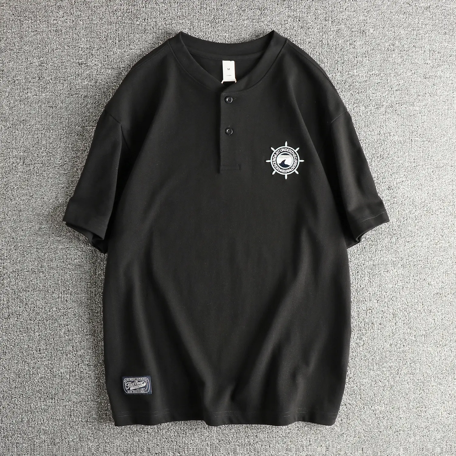 Summer American Retro Short Sleeve Henry Collar Badge Embroidey T-shirt Men's Simple 100% Cotton Washed Casual Tough Guy Tops