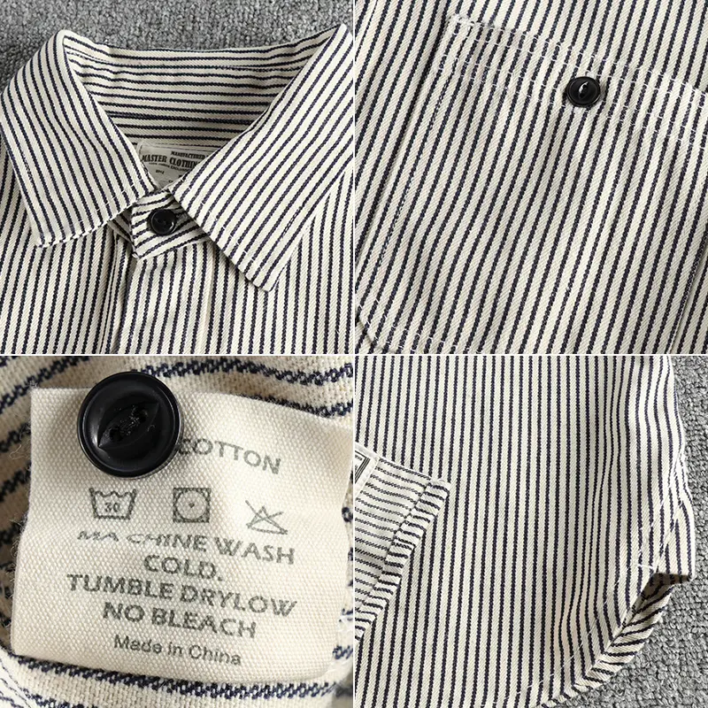 2025 Spring and Autumn New American Retro Woven Striped Cargo Shirt Men's Simple 100% Cotton Washed Single Pocket Thin Jacket