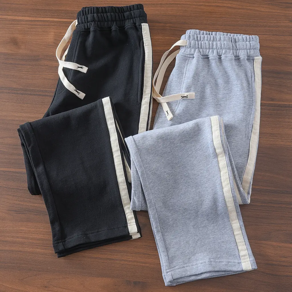 Spring Autumn American Retro Drawstring Knitted Striped Sweatpants Men's Simple 100% Cotton Sports Casual Loose Straight Pants