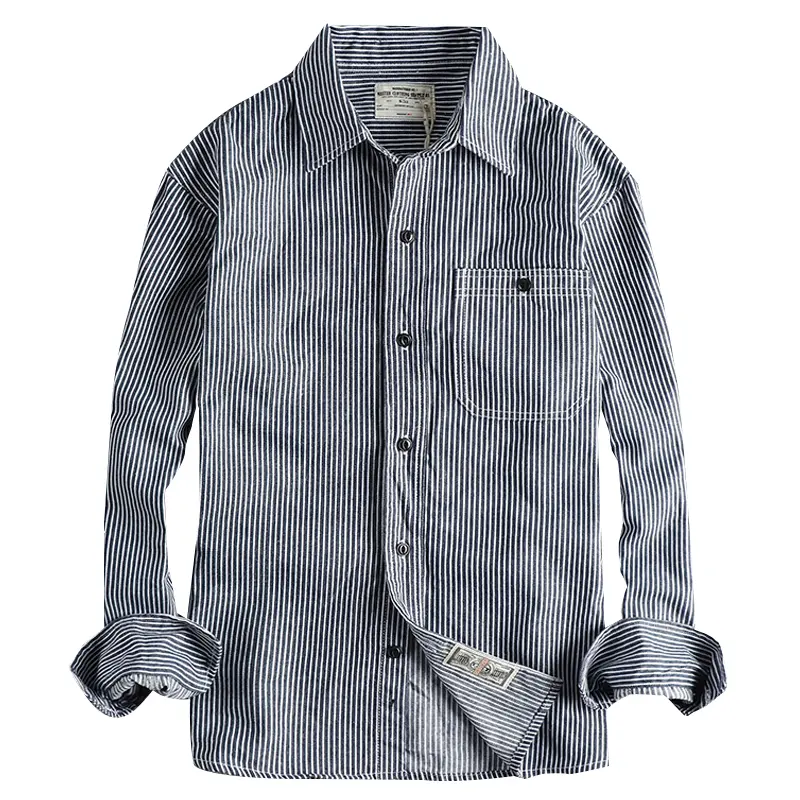 2025 Spring and Autumn New American Retro Woven Striped Cargo Shirt Men's Simple 100% Cotton Washed Single Pocket Thin Jacket