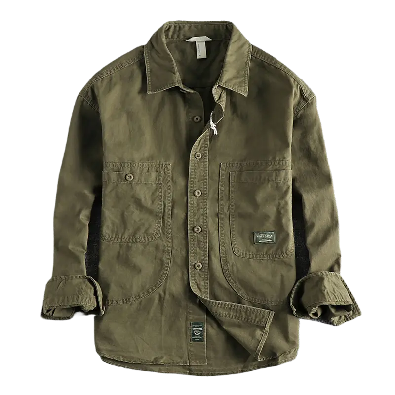 2025 Autumn New American Retro Woven Twill Cargo Shirt Men's Fashion 100% Cotton Washed Long Sleeve Double Pocket Casual Jacket