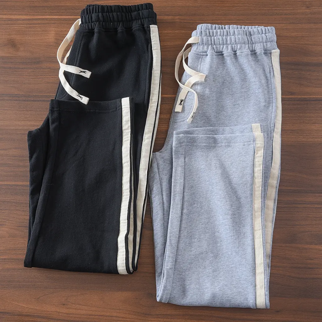 Spring Autumn American Retro Drawstring Knitted Striped Sweatpants Men's Simple 100% Cotton Sports Casual Loose Straight Pants