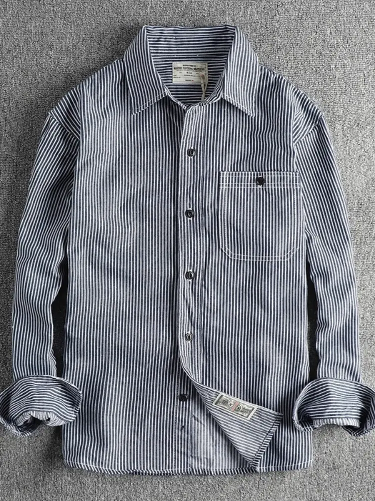 2025 Spring and Autumn New American Retro Woven Striped Cargo Shirt Men's Simple 100% Cotton Washed Single Pocket Thin Jacket