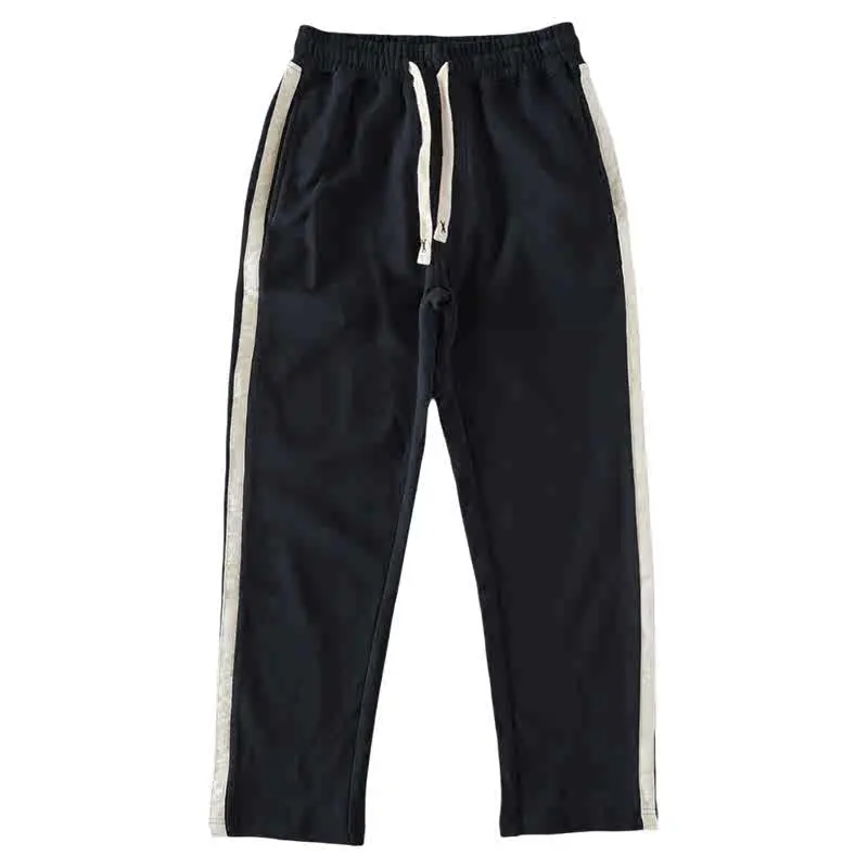 Spring Autumn American Retro Drawstring Knitted Striped Sweatpants Men's Simple 100% Cotton Sports Casual Loose Straight Pants
