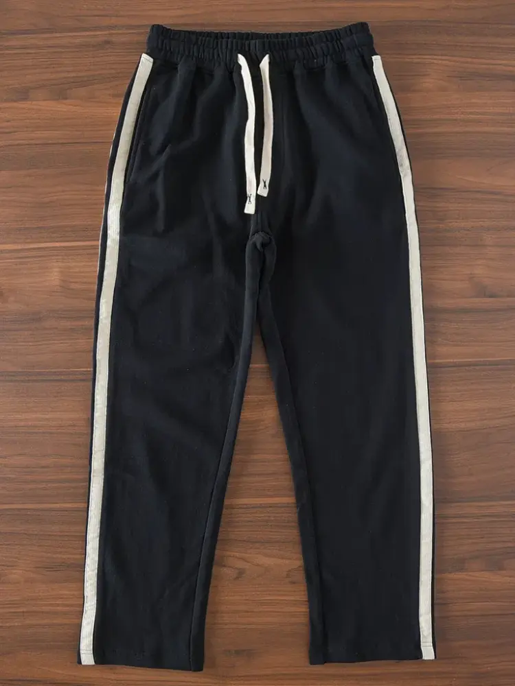Spring Autumn American Retro Drawstring Knitted Striped Sweatpants Men's Simple 100% Cotton Sports Casual Loose Straight Pants