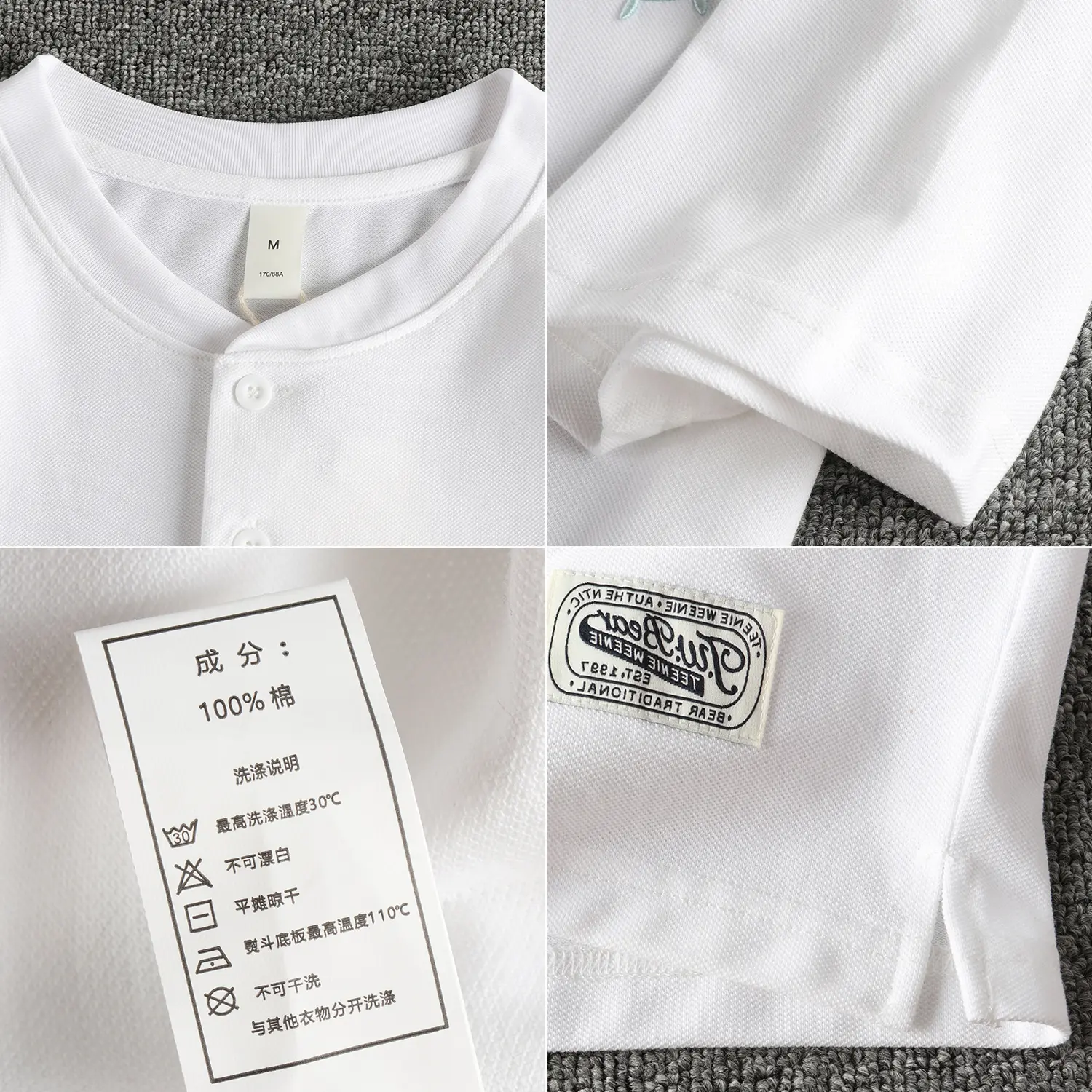 Summer American Retro Short Sleeve Henry Collar Badge Embroidey T-shirt Men's Simple 100% Cotton Washed Casual Tough Guy Tops