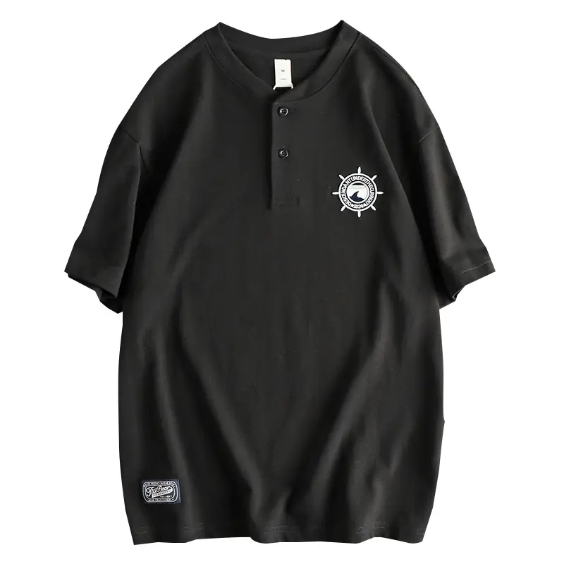 Summer American Retro Short Sleeve Henry Collar Badge Embroidey T-shirt Men's Simple 100% Cotton Washed Casual Tough Guy Tops