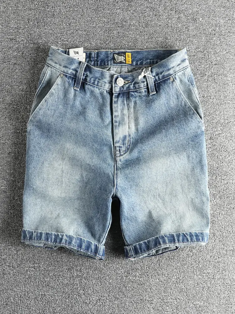 2025 Summer New American Retro Denim Cargo Shorts Men's Fashion 92.3% Cotton Washed Make Old Loose Straight Casual 5-point Pants