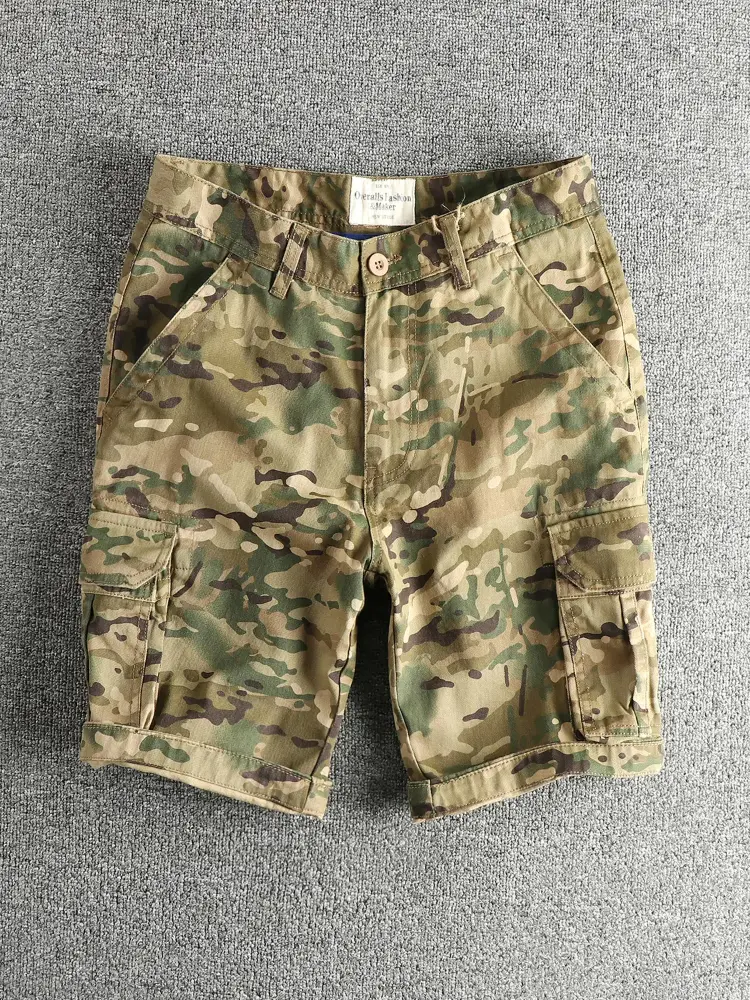 2025 Summer New American Retro Woven Khaki Camouflage Cargo Shorts Men's Fashion 100% Cotton Washed Old Casual 5-point Pants