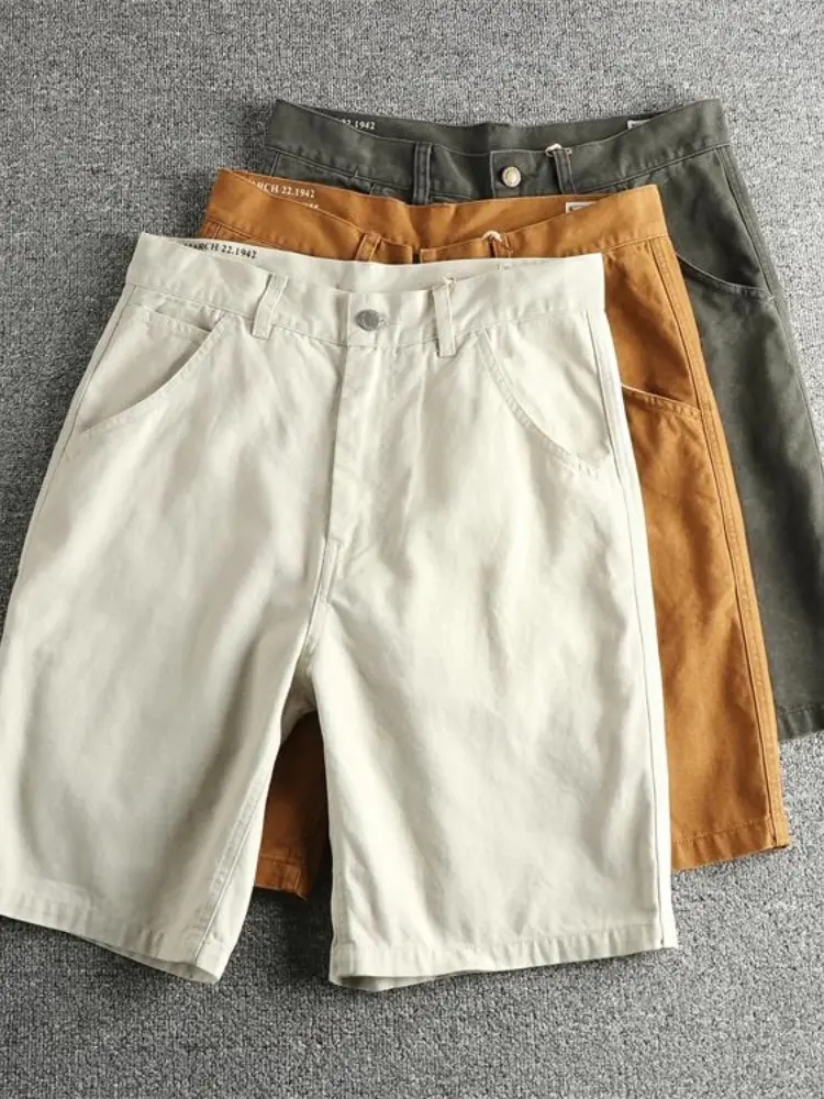 2025 Summer New American Retro 12OZ Canvas Cargo Shorts Men's Simple 100% Cotton Washed Old Straight Loose Casual 5-point Pants