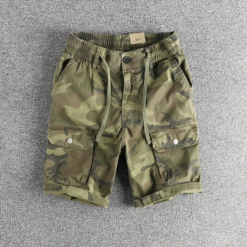 2025 Summer New American Retro Woven Multi-Pocket Camouflage Cargo Shorts Men's 97% Cotton Washed Casual Straight 5-point Pants