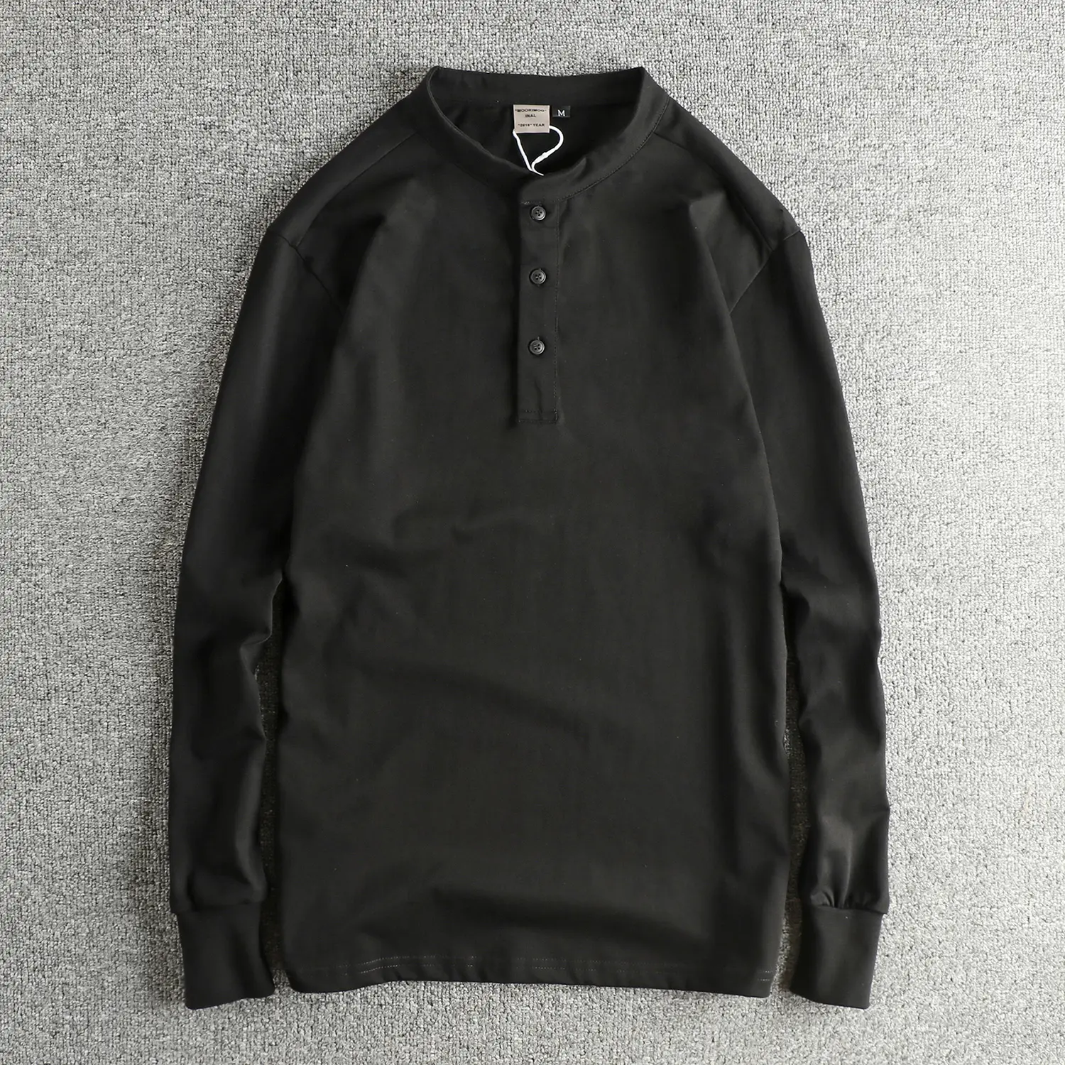 Autumn New American Retro Long Sleeve Henry Collar Solid Color T-shirt Men's Simple 100% Cotton Washed Casual Tough Guy Tops