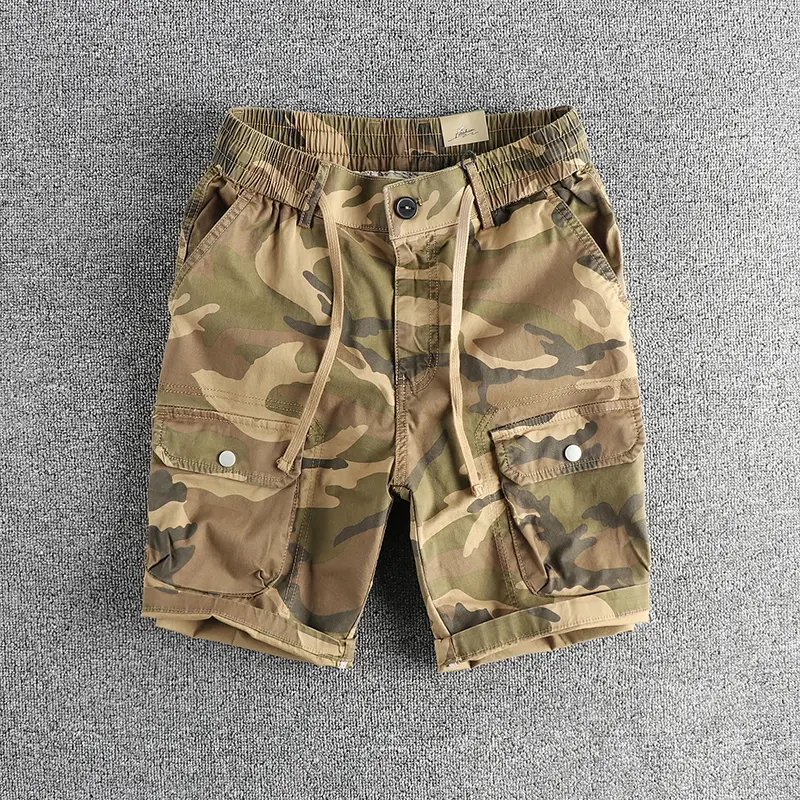 2025 Summer New American Retro Woven Multi-Pocket Camouflage Cargo Shorts Men's 97% Cotton Washed Casual Straight 5-point Pants