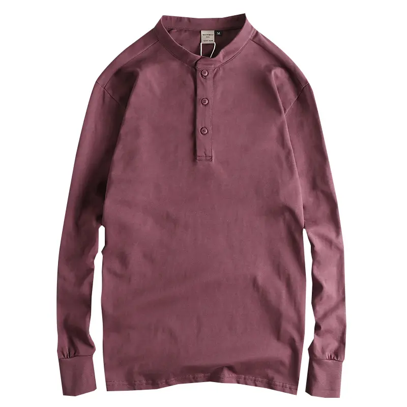 Autumn New American Retro Long Sleeve Henry Collar Solid Color T-shirt Men's Simple 100% Cotton Washed Casual Tough Guy Tops