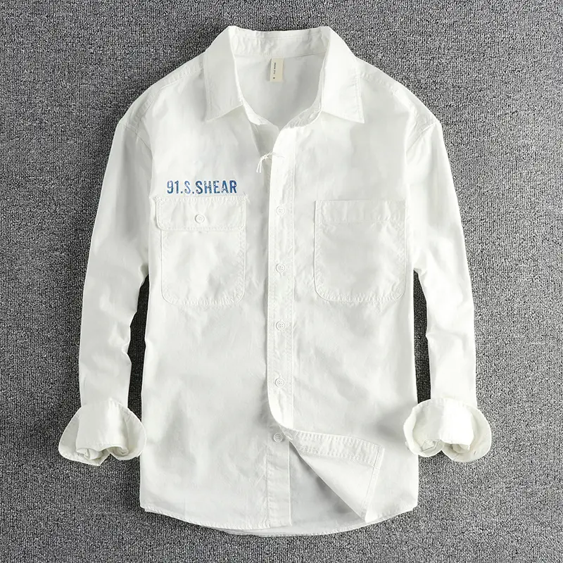 Autumn Japanese Retro Long-Sleeve Woven Letter Printed Cargo Shirt Men's Simple 100% Cotton Washed Double Pocket Casual Blouses