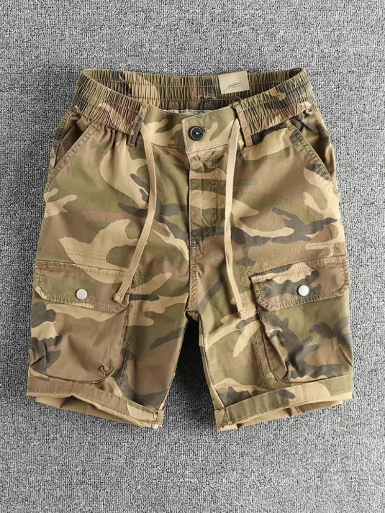 2025 Summer New American Retro Woven Multi-Pocket Camouflage Cargo Shorts Men's 97% Cotton Washed Casual Straight 5-point Pants