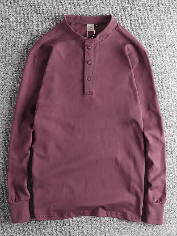 Autumn New American Retro Long Sleeve Henry Collar Solid Color T-shirt Men's Simple 100% Cotton Washed Casual Tough Guy Tops