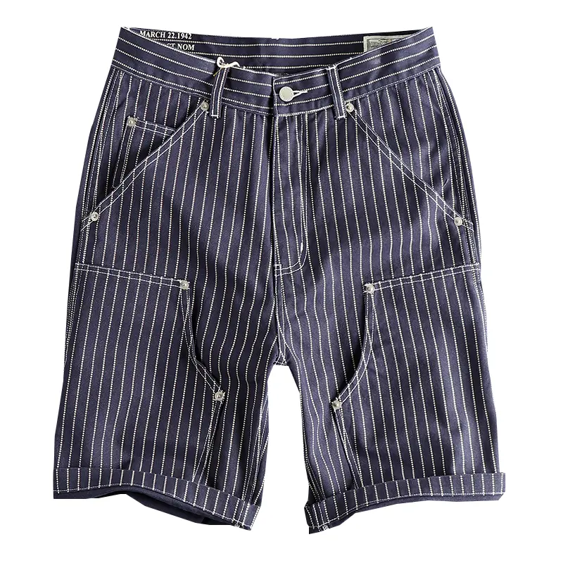 2025 Summer New American Retro 12OZ Canvas Striped Cargo Shorts Men's Simple 100% Cotton Washed Straight Casual 5-point Pants