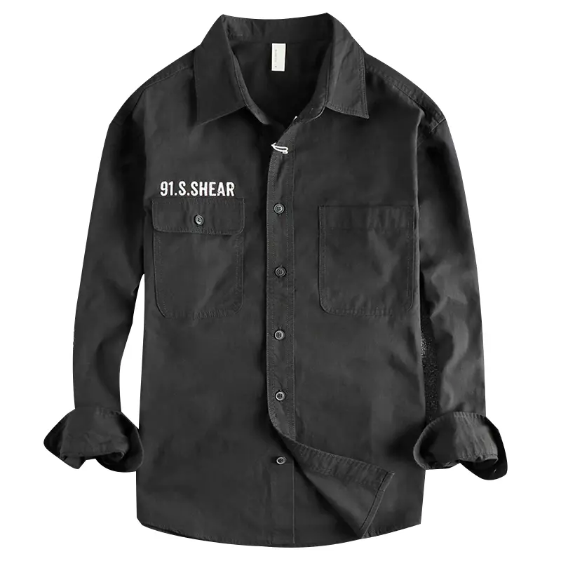 Autumn Japanese Retro Long-Sleeve Woven Letter Printed Cargo Shirt Men's Simple 100% Cotton Washed Double Pocket Casual Blouses