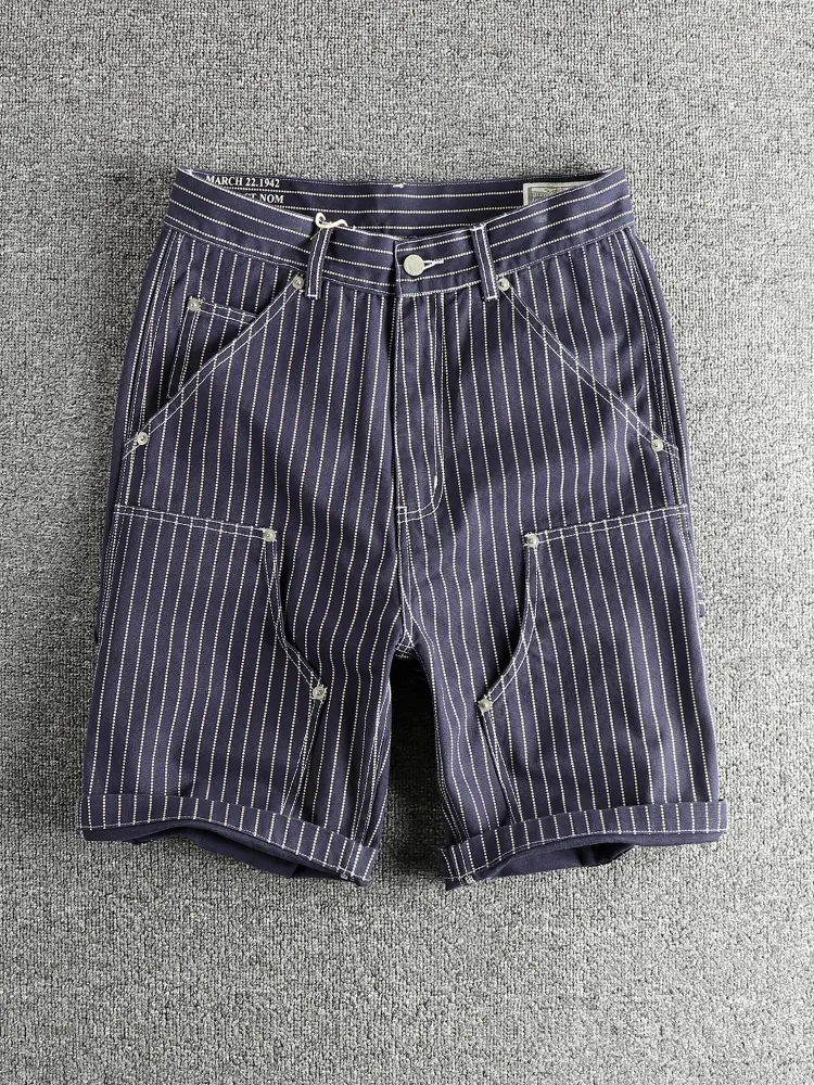 2025 Summer New American Retro 12OZ Canvas Striped Cargo Shorts Men's Simple 100% Cotton Washed Straight Casual 5-point Pants