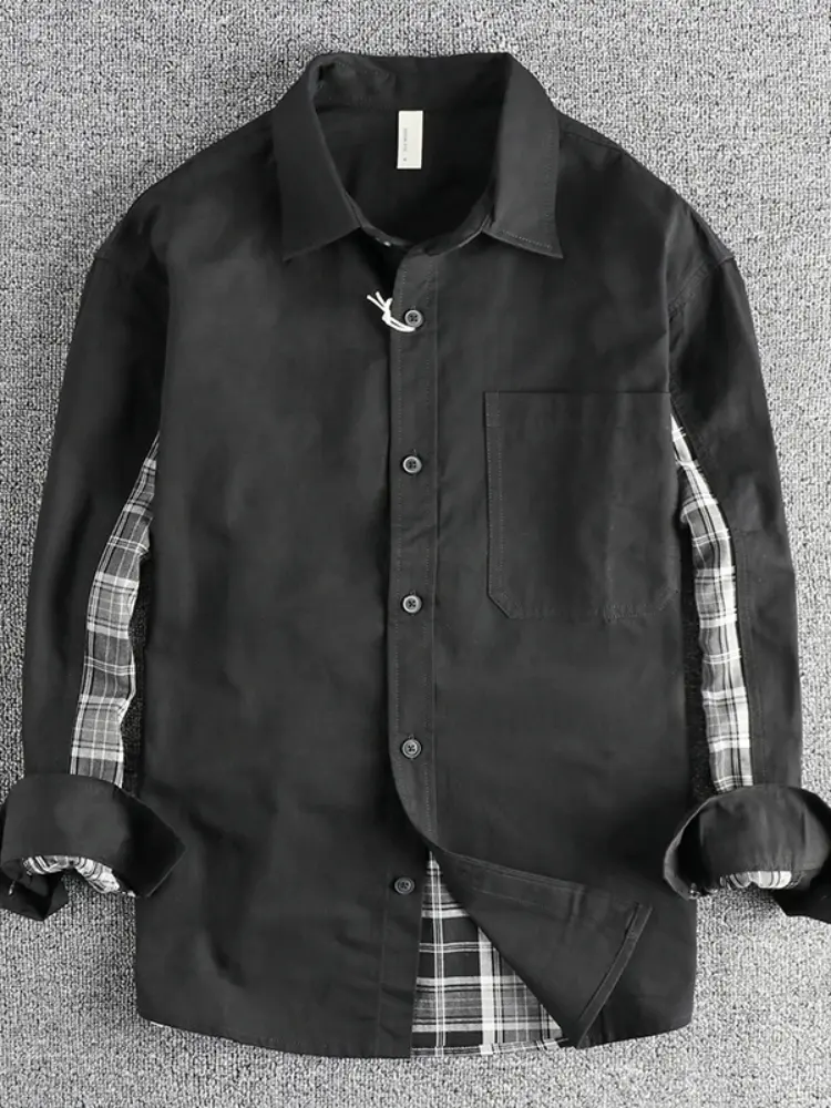 2025 Autumn New American Retro Plaid Splicing Long-sleeved Lapel Cargo Shirt Men's Trendy 100% Cotton Washed Casual Thin Jacket